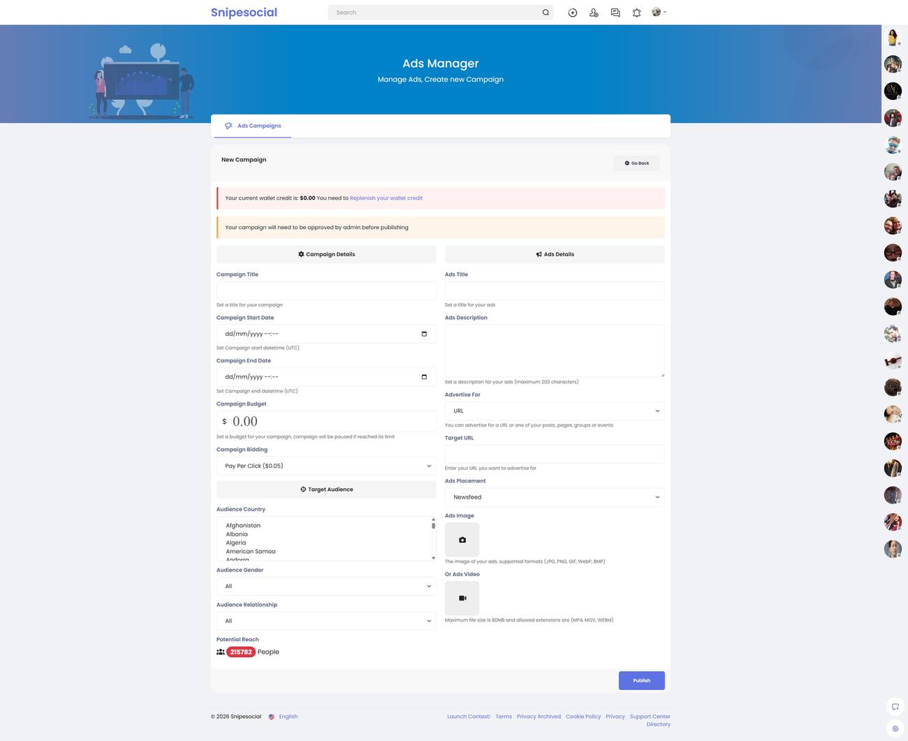 New campaign form with targeting options