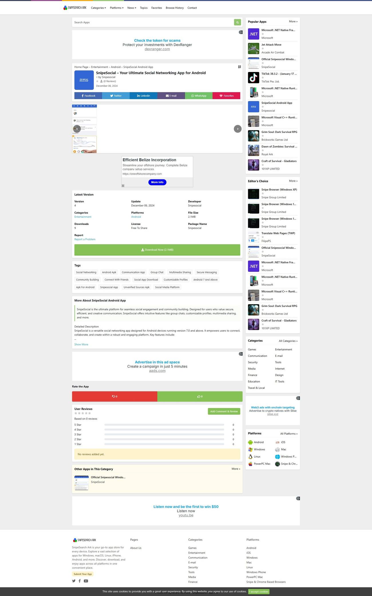 SnipeSearch Ark listing for the Snipesocial Android app