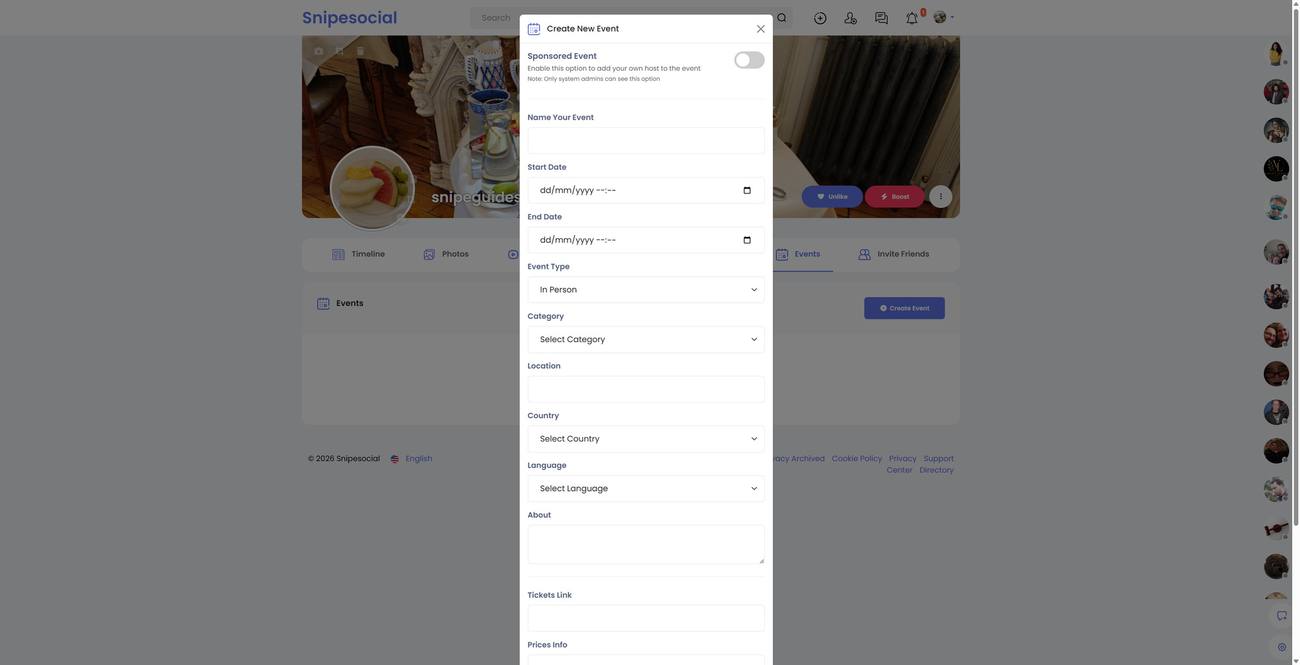 Create New Event modal on Snipesocial