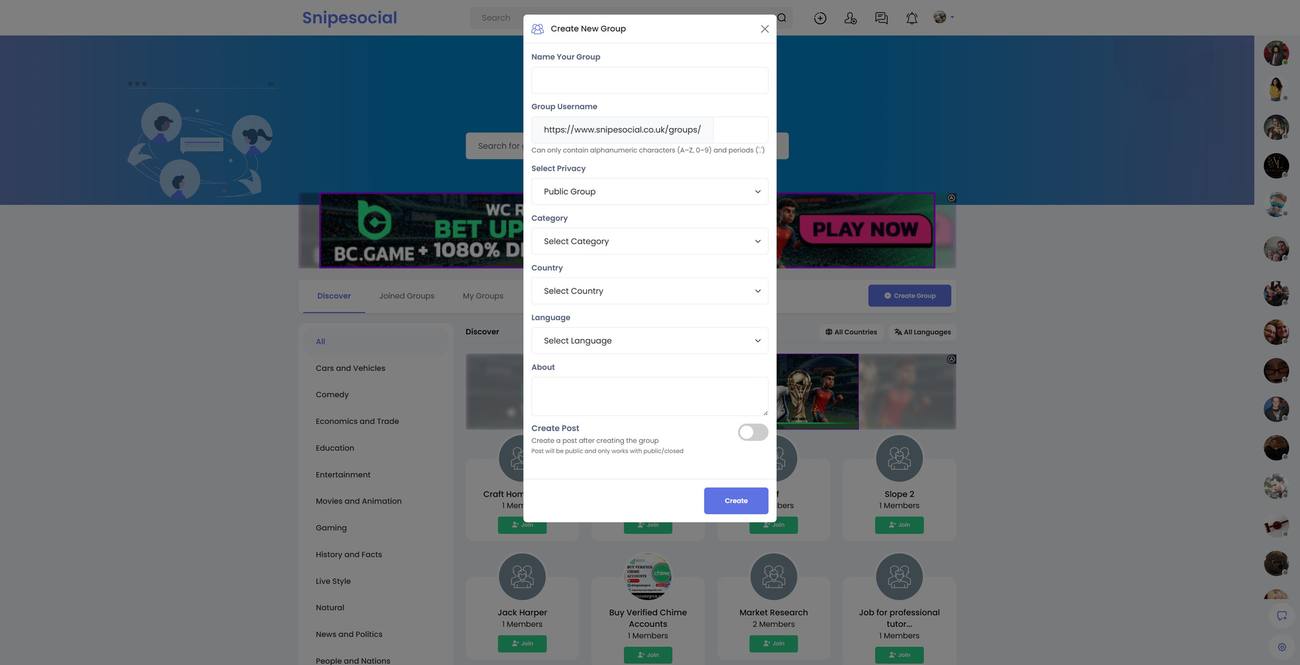 Create New Group modal on Snipesocial