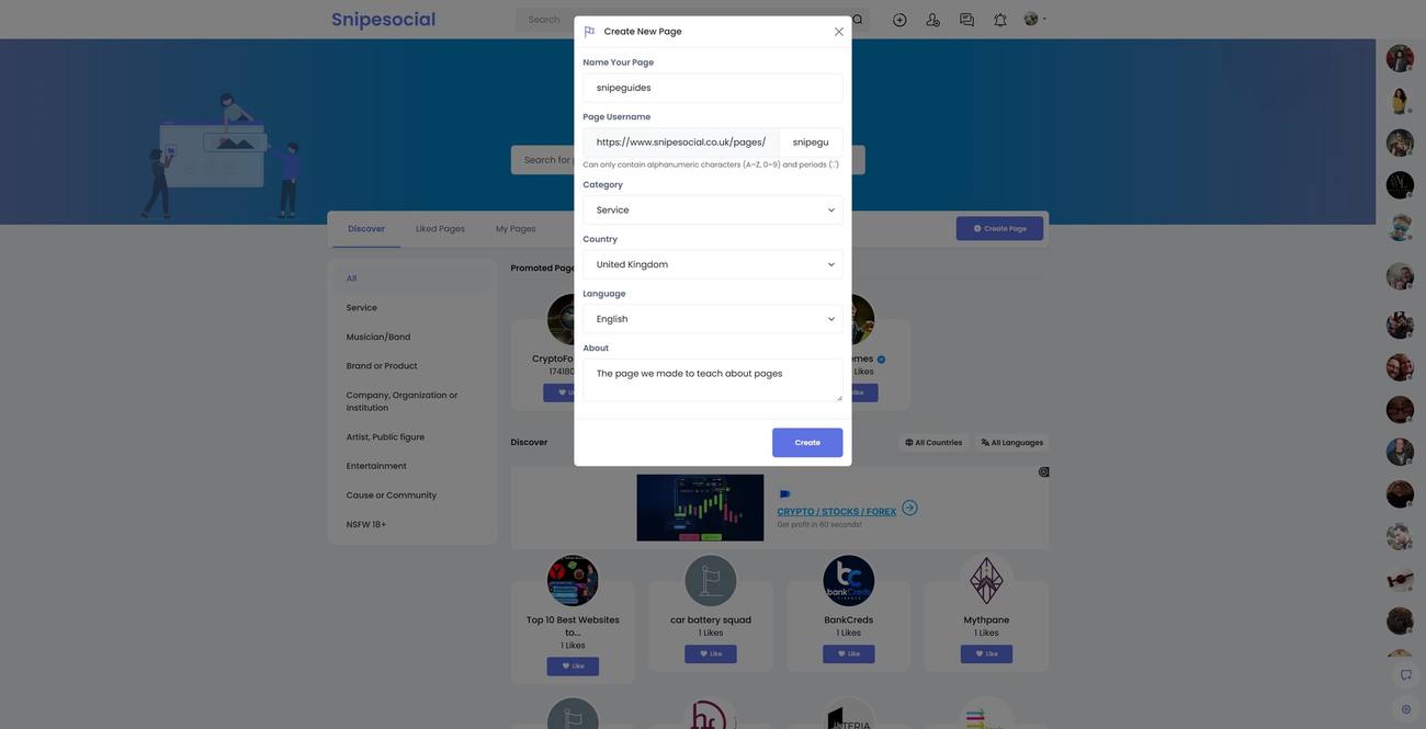 Create New Page modal on Snipesocial
